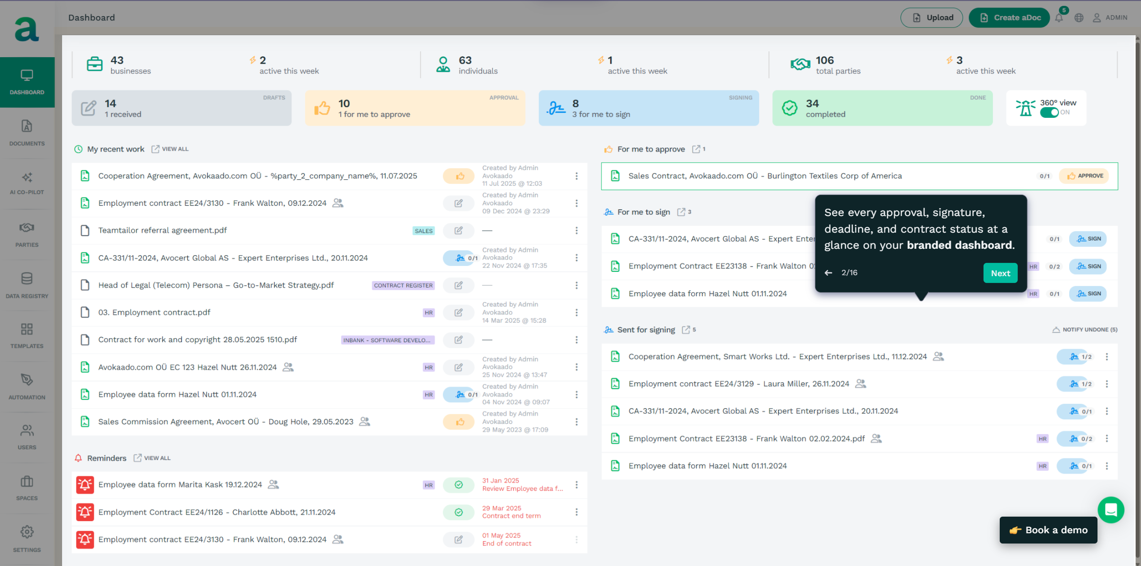 Avokaado screenshot: See every approval, signature, deadline, and contract status at a glance on your branded dashboard.
