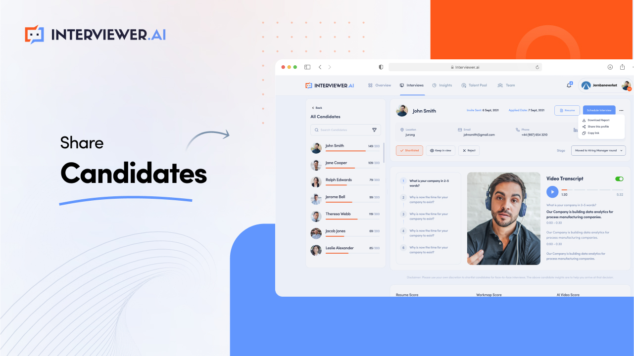 Easily share candidates with key stakeholders including hiring managers, team leads, and business decision makers without the need for them to login to the platform themselves. 