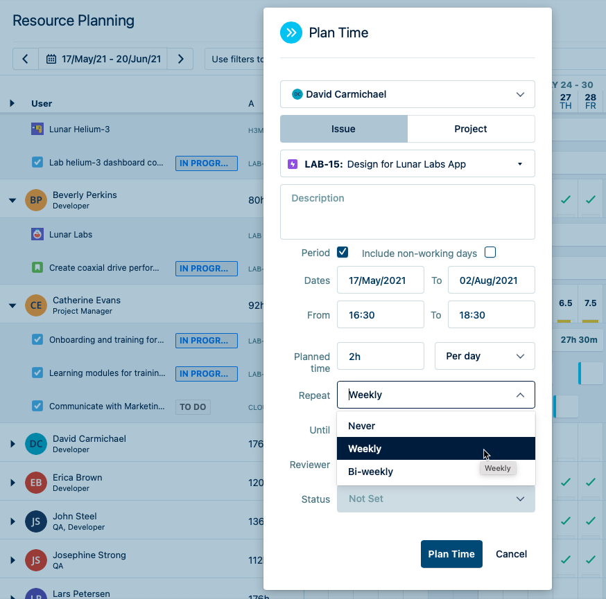 Tempo Planner Software - Create standard, repeating, or split plans for yourself and others against projects, Jira issues, time periods, and teams.