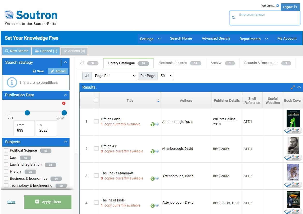 Soutron Software - Search results include status of the asset.