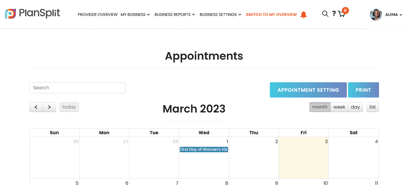 Appointment Calendar on Service Provider's Dashboard