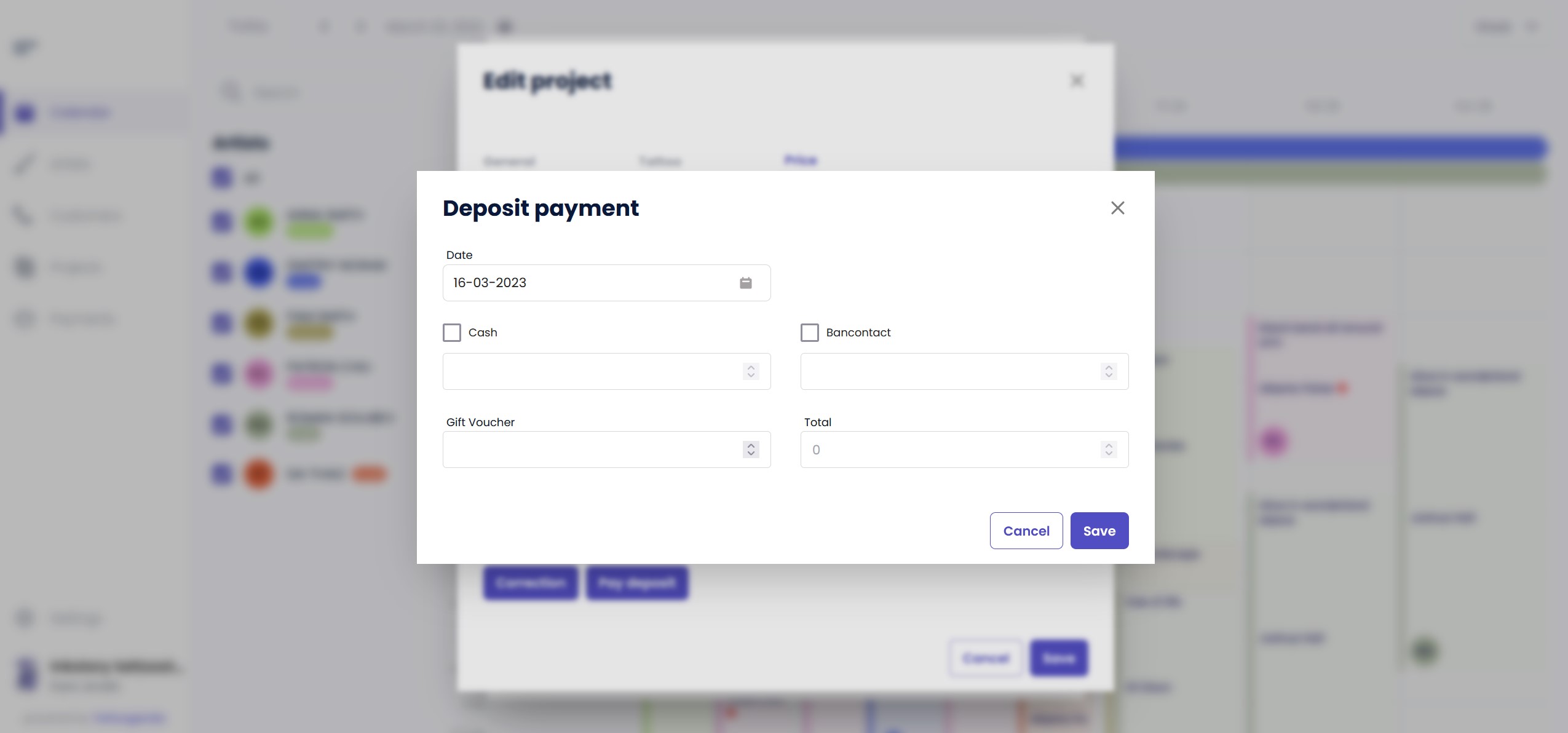 TattooGenda screenshot: Add a deposit payment to your tattoo project. Make use of cash, card and giftvouchers.