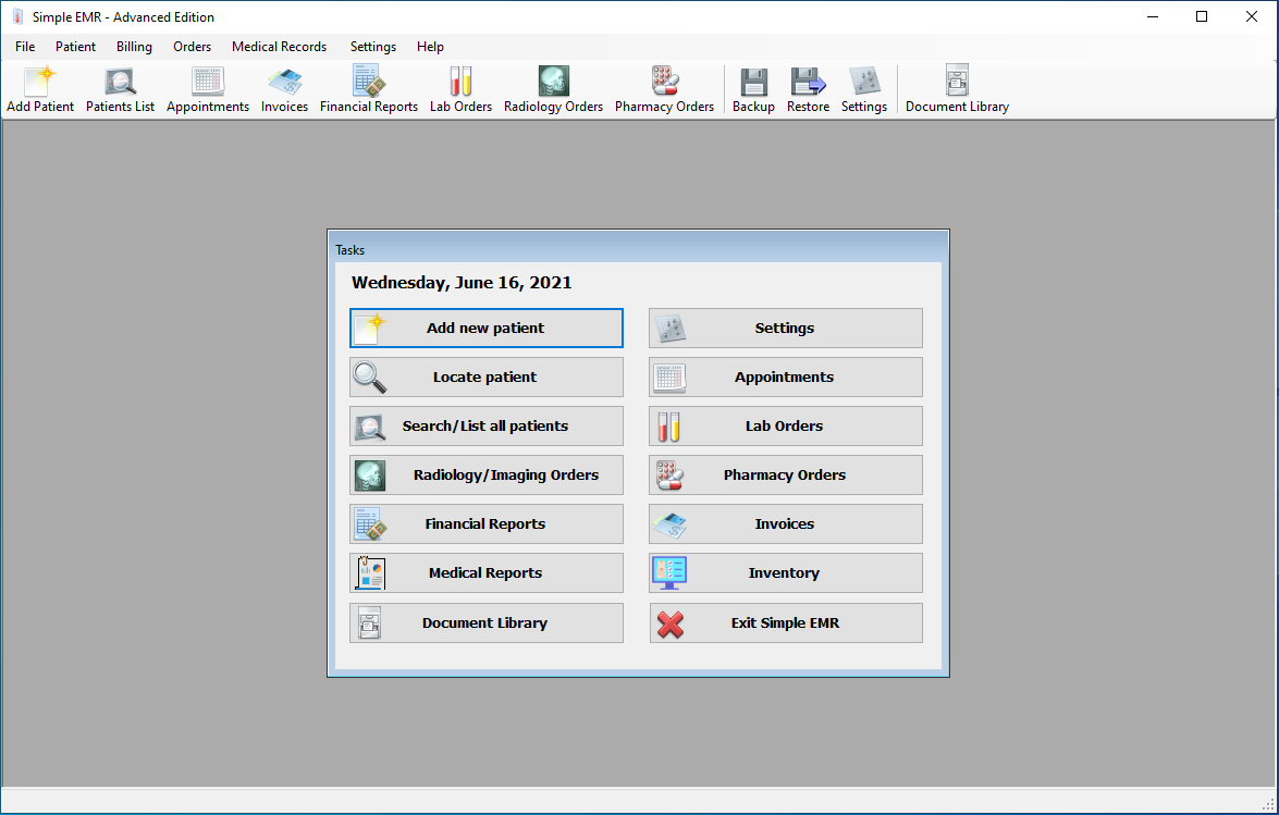 Simple EMR screenshot: Main Screen with all main functions of the program