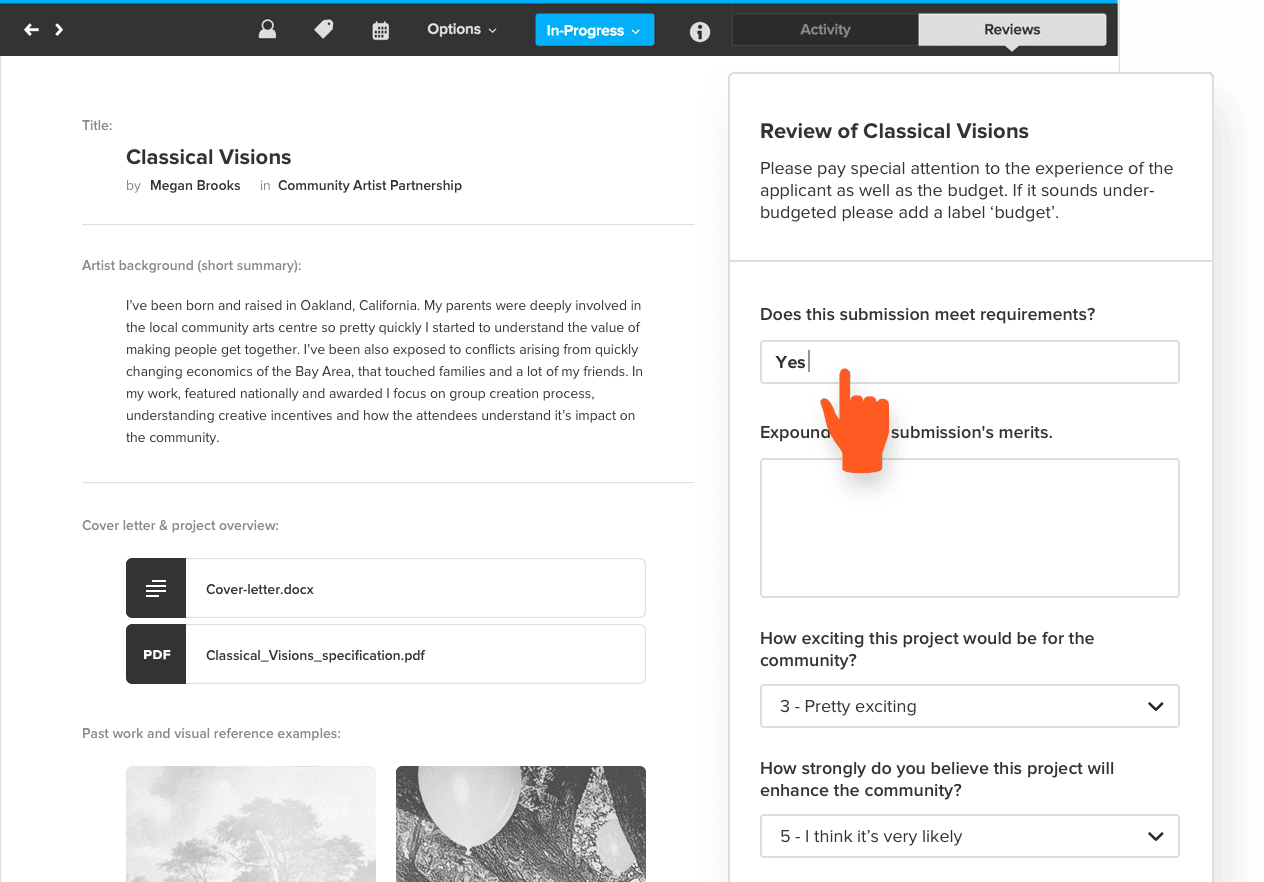 Review submissions by adding notes and rating
