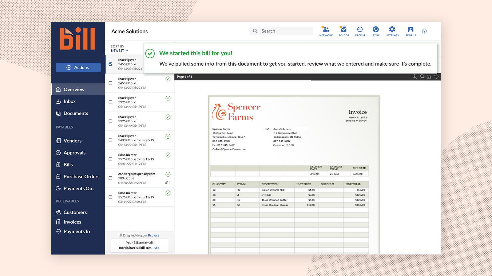 BILL automatically pulls in bills via your email and gets the process started for you. It also checks for duplicate invoices by looking at the invoice numbers and payment amounts to flag questionable invoices.