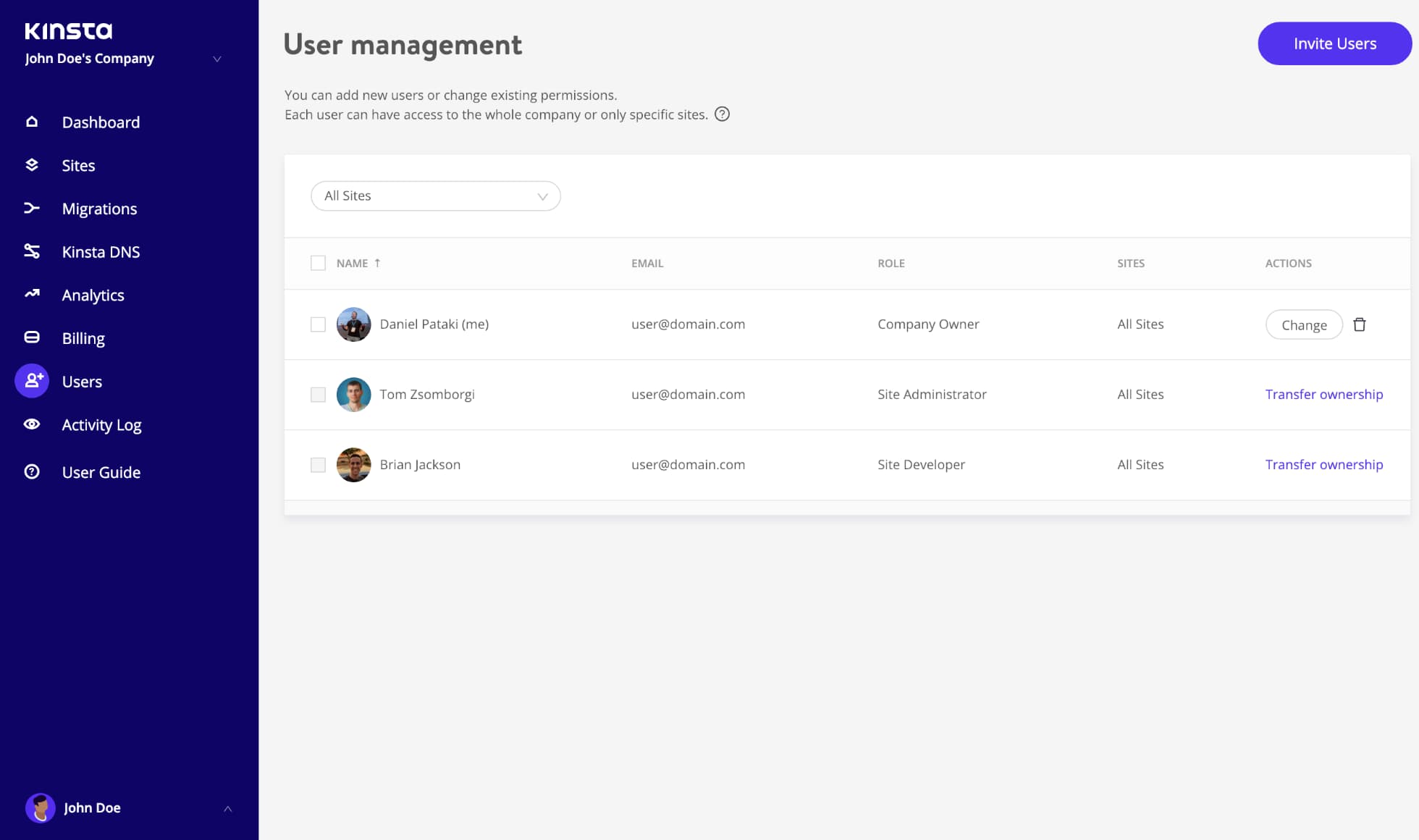 The MyKinsta User Management tool allows you to add unlimited colleagues or clients with granular access settings, and tailor to your existing development workflow.