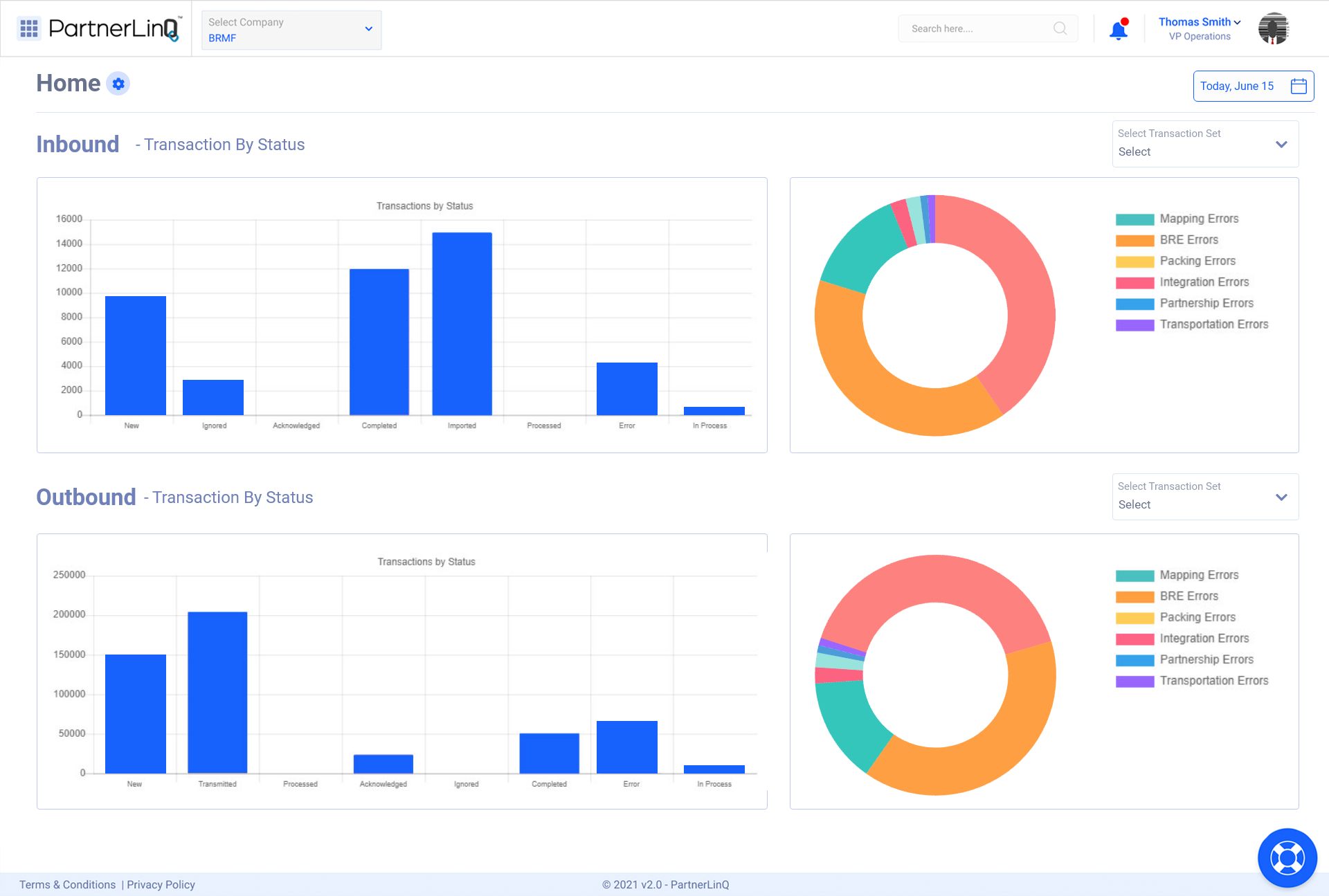 PartnerLinQ screenshot: PartnerLinQ has a built in monitor view beginning with the Home Screen. This simple yet effective Home Screen dashboard that allows the user to view inbound and outbound transactions at a quick glance when user logs in, followed by more interactive views!