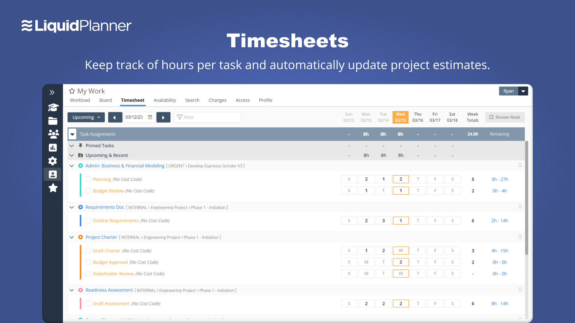 LiquidPlanner Software - Time Sheets allow you to track how many hours are spent on tasks and projects, so you have deeper insights into where your time is spent. Time tracking allows you to collaborate with your team more efficiently,  to make the most of your team's time and re