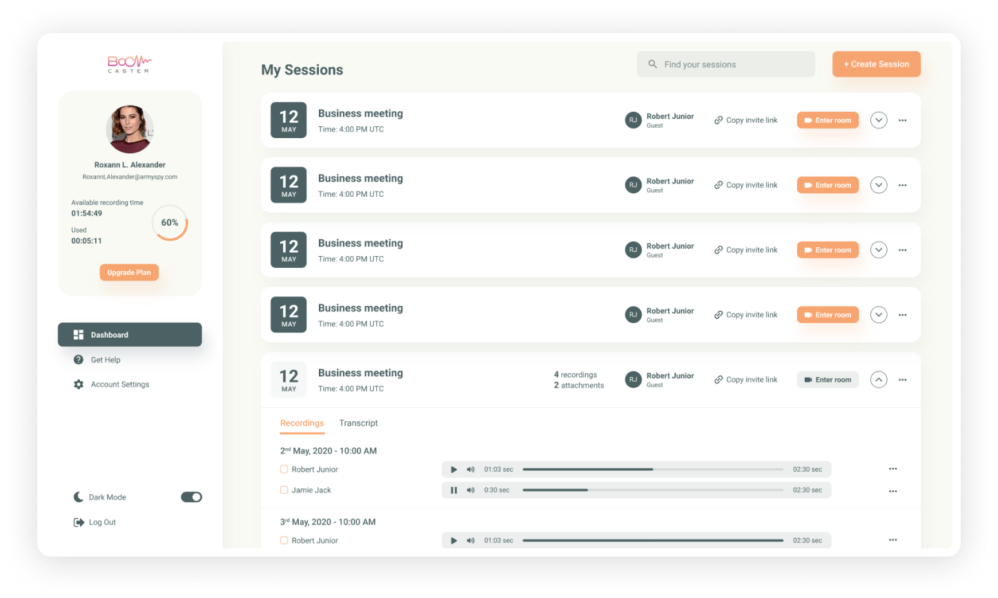 Boomcaster screenshot: Boomcaster sessions