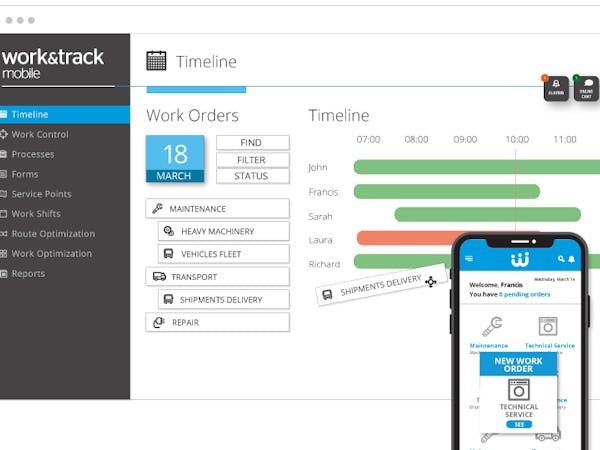 Work&Track Mobile Software - 3- Record the activity. Plan your business daily work. The new orders will be immediately in your technicians’ smartphones Dispatch the orders automatically to your whole team with route optimization, and perform the minor adjustments during the day.