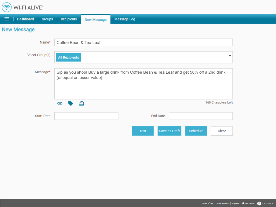 The message creation portal lets users customize messages and offers