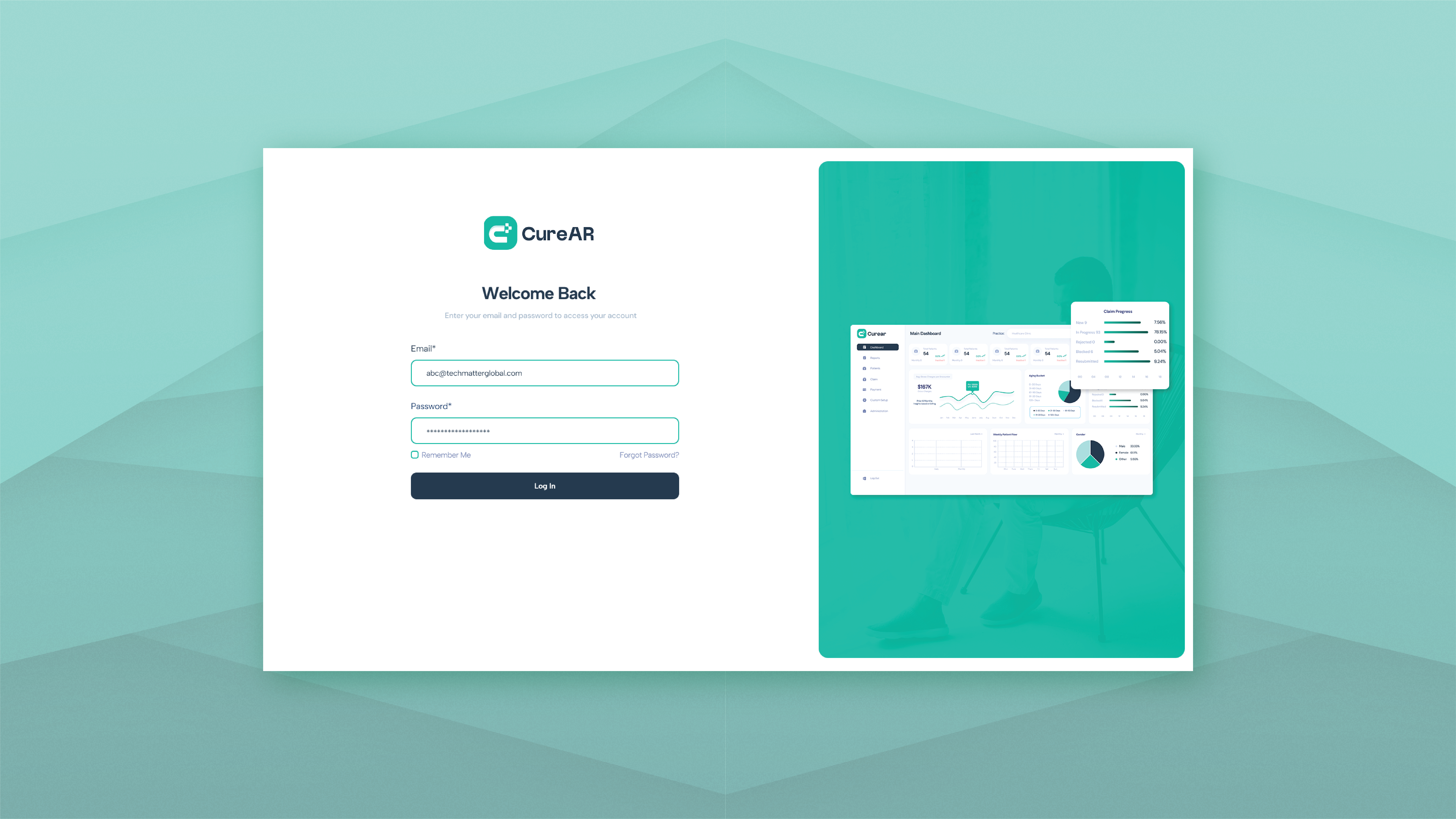 Cure AR screenshot: Login screen for Cure AR. The layout balances simplicity with function, featuring a quick login form and a dashboard preview for context.