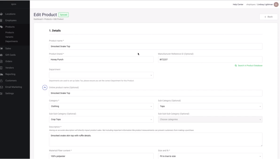 Material POS screenshot: Shoptiques POS product information
