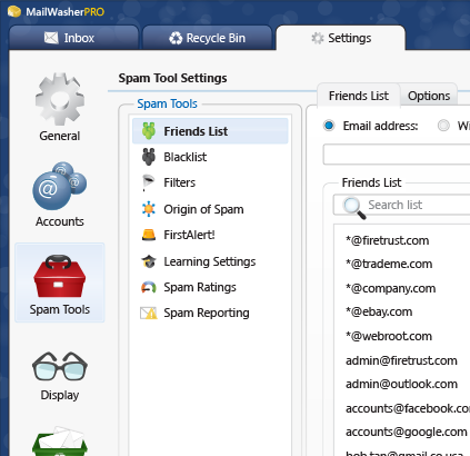 MailWasher spam tool settings screenshot