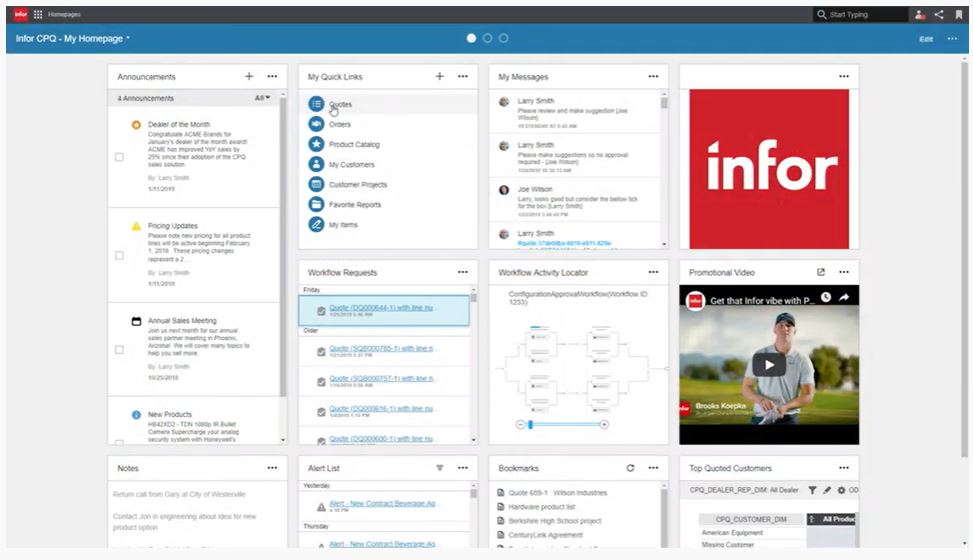 Infor CPQ screenshot: Infor CPQ homepage