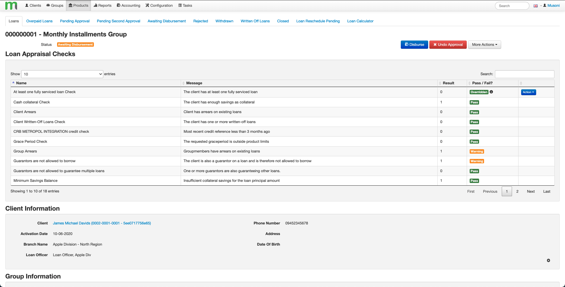 Musoni Software - Loan appraisal page showing the automated loan appraisal checks applied by the system, helping to reduce risk and manual errors. Fully customisable by each financial institution.