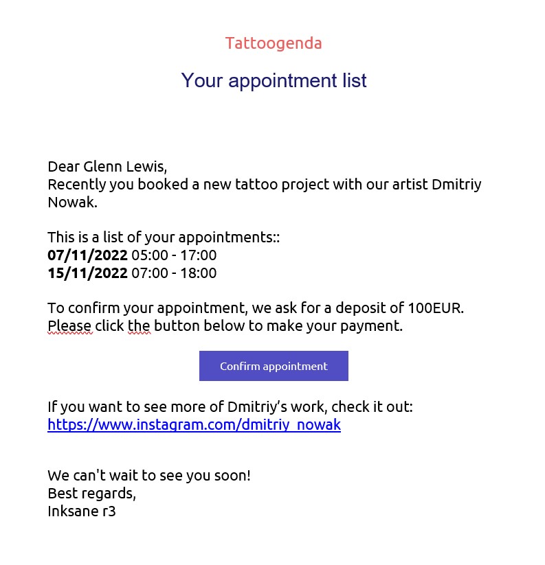 TattooGenda appointment list email