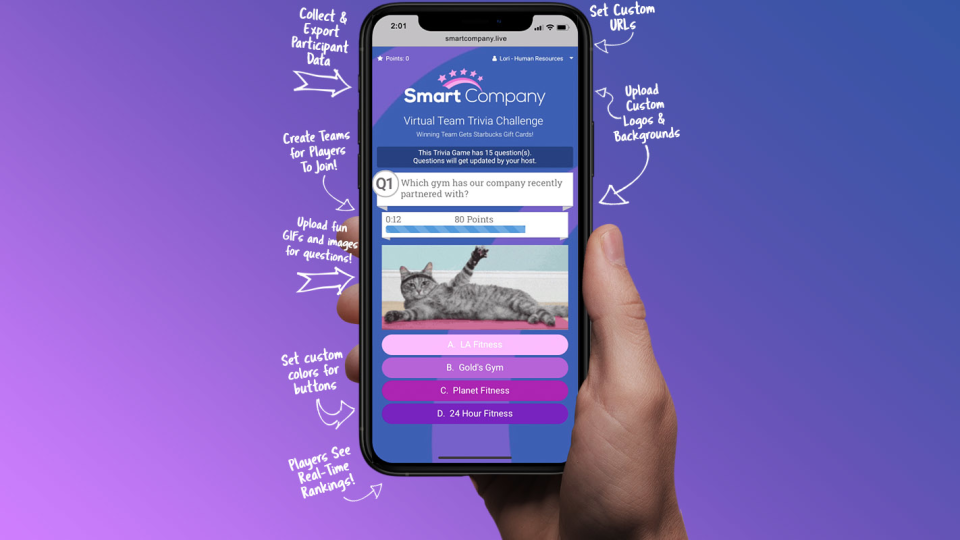 Crowdpurr Software - Players join and earn points on their mobile devices for both virtual, live, and hybrid events. Use our advanced customization options to fine tune the mobile interface. Crowdpurr offers image-based and GIF questions to add fun to your virtual events.