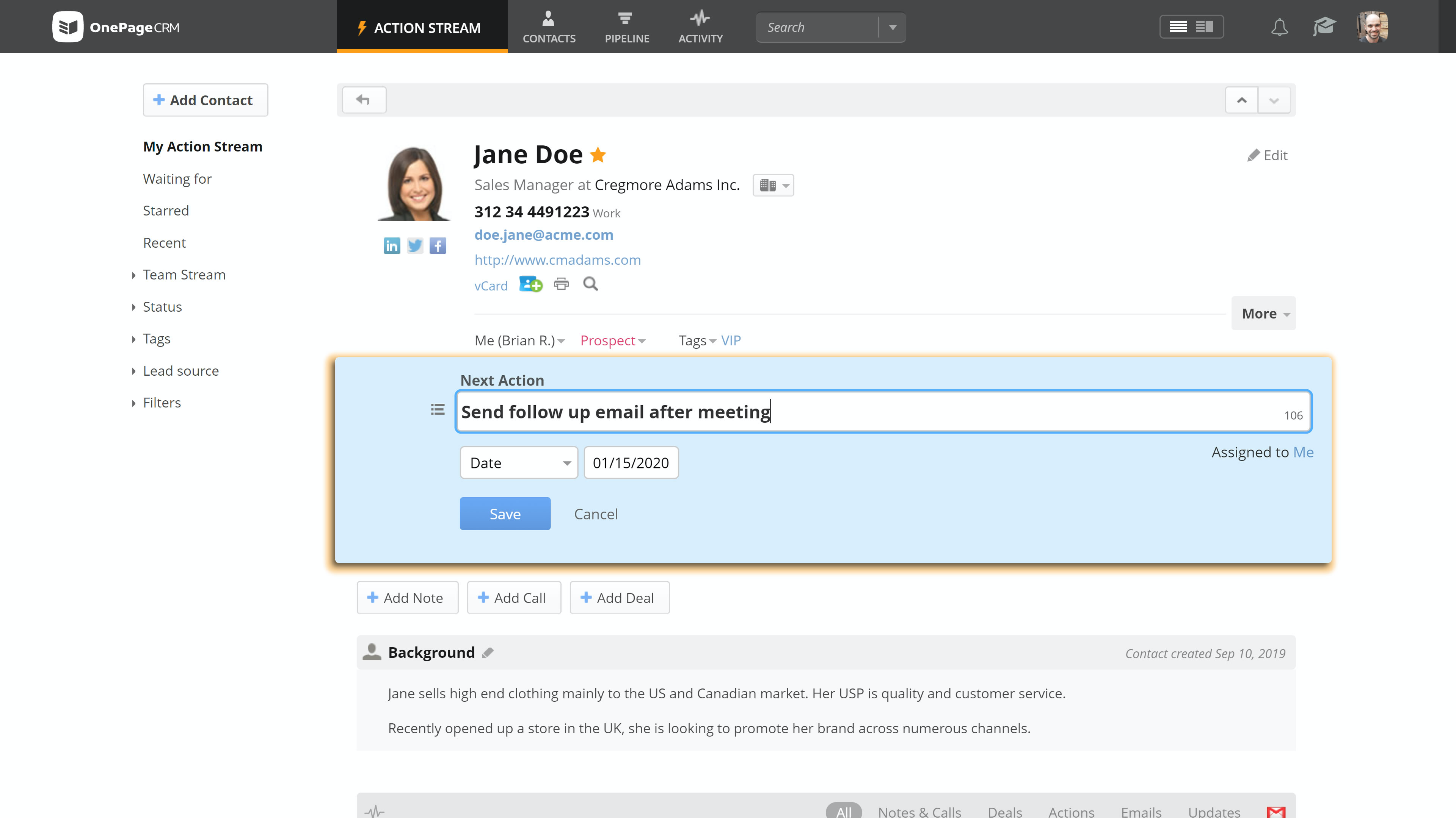 OnePageCRM Software - Our unique Next Action method pushes you to decide on the next best step for each contact the moment you complete the previous one or add them to the system. This way, you follow up with every generated lead and always know what needs to be done next.
