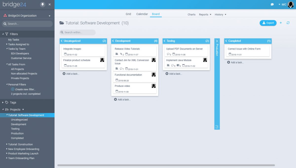 Bridge24 kanban board