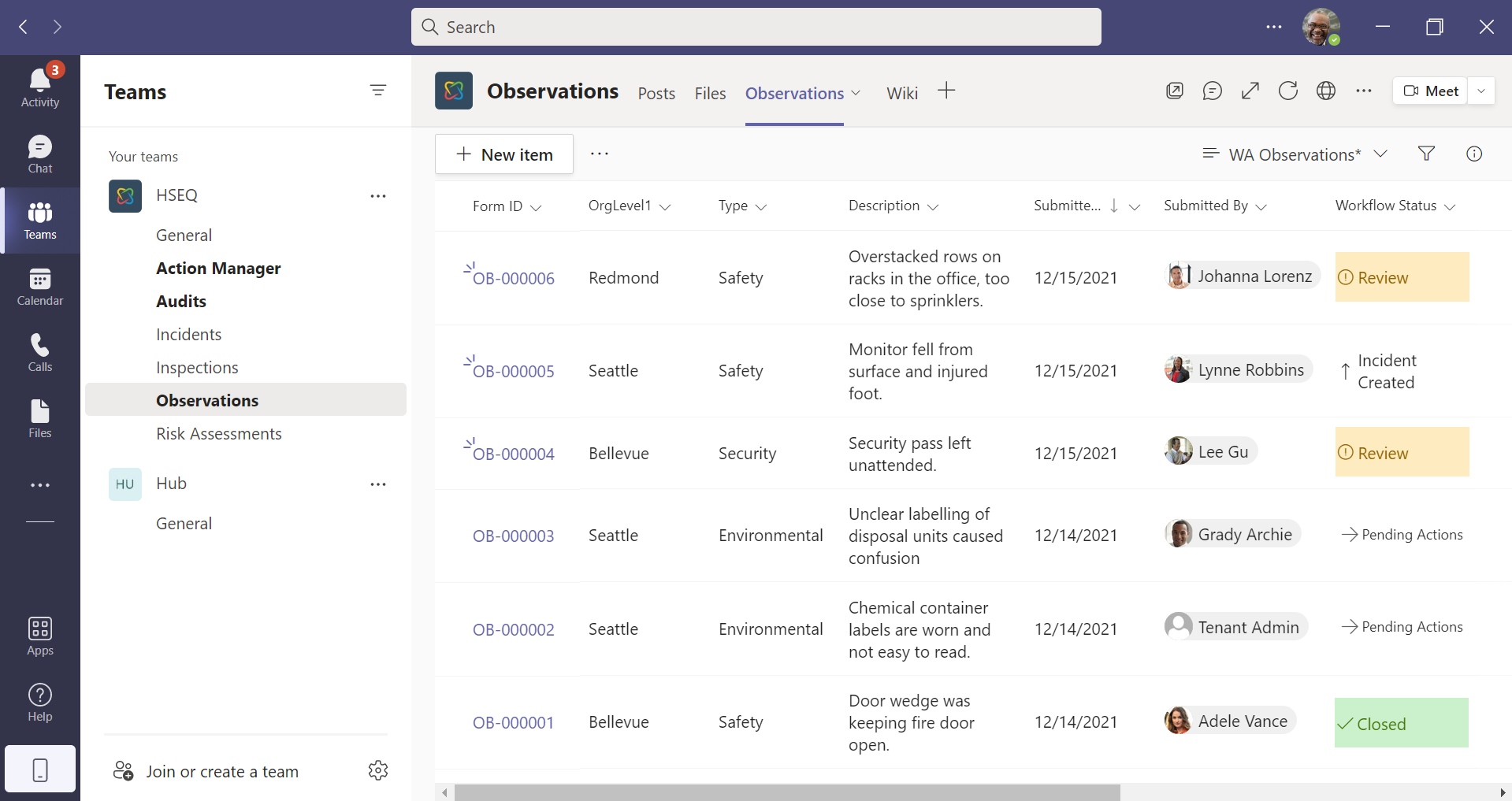 Integrate with Microsoft Teams for employees to easily submit forms like Observations