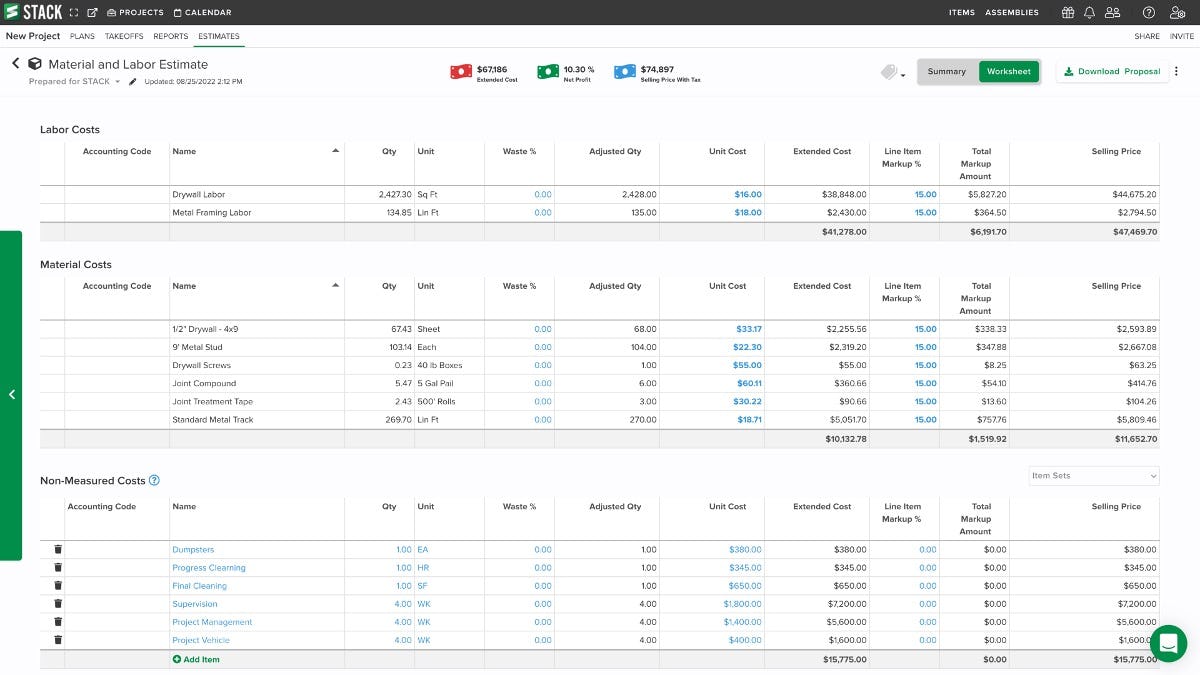 STACK Software - STACK estimating worksheet