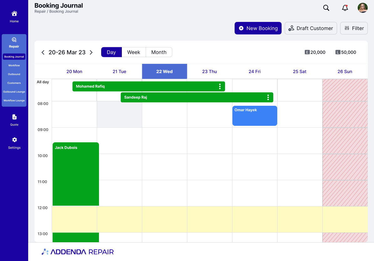 Addenda Repair screenshot: Addenda Repair visual schedule of all bookings 