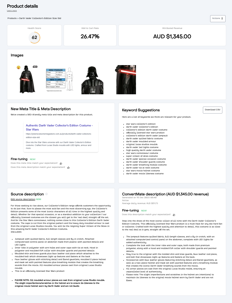 This is the product listing. Each product has one. Here, you can deep dive into the enhancements ConvertMate has done for your product page (product description, title, SEO keywords, meta fields and overall health score)  