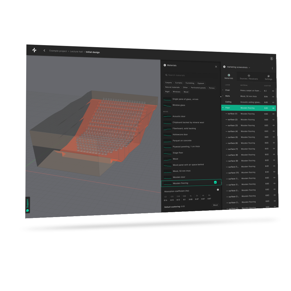 Treble’s simulation engine allows for precise modeling of surface conditions, including both energy absorption and phase shifts. A large database of carefully crafted surface conditions is included in the product, as well as the ability to import your own