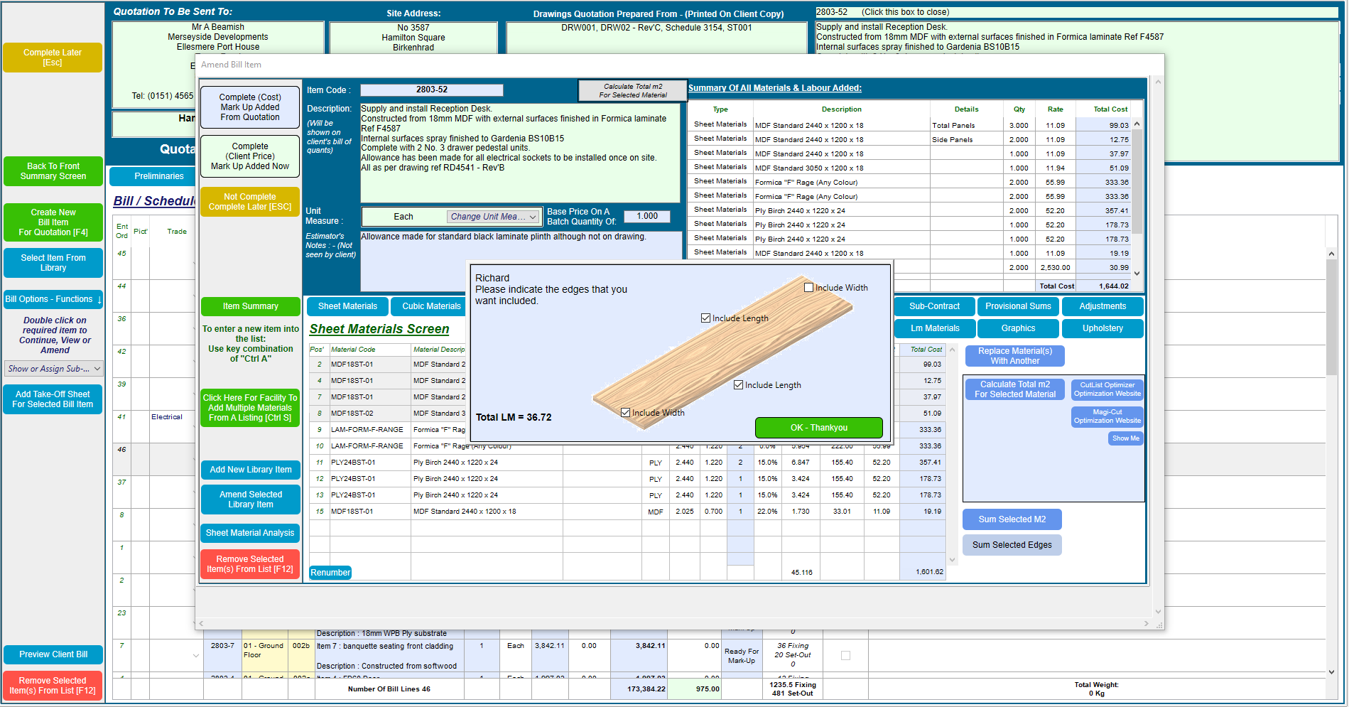 Contract Controller Software - Looking at calculating selected surfaces  in a bill item for refinishing or laminate requirement.