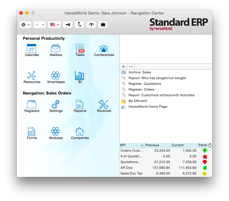 Standard ERP screenshot: Standard ERP dashboard