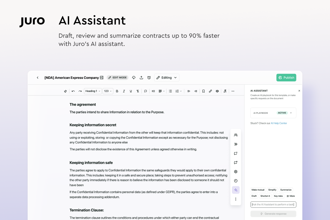 Draft, review and summarize contracts up to 90% faster with Juro's AI assistant.