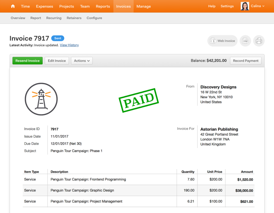 Painlessly create invoices for your work, send them to clients, and get paid online.