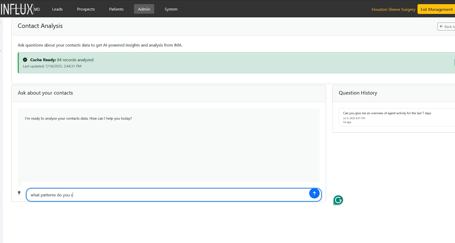 InfluxMD screenshot: InfluxMD contact analysis