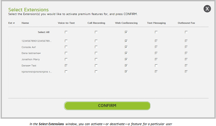 Selecting extentions and additional featurs in eVoice