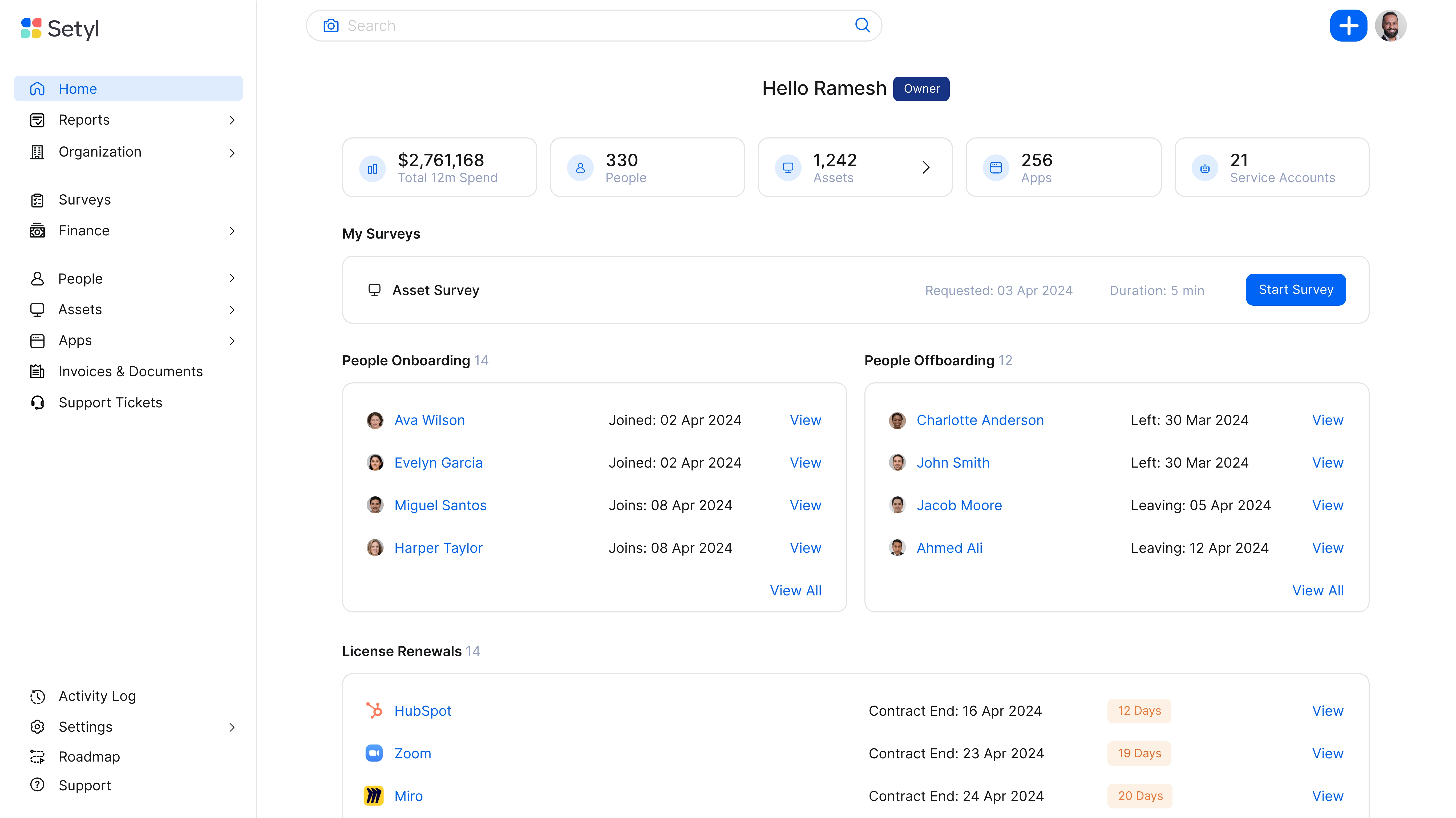 Setyl screenshot: Setyl homepage: Get a complete overview of your organization's total spend, assets, apps and licenses, surveys, onboarding and offboarding employees, and any other tasks to action via this dashboard.