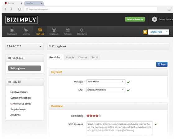 Bizimply screenshot: Keep track of day to day issues in all locations and communicate shift information