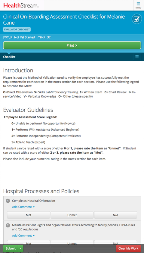 HealthStream Checklist mobile view