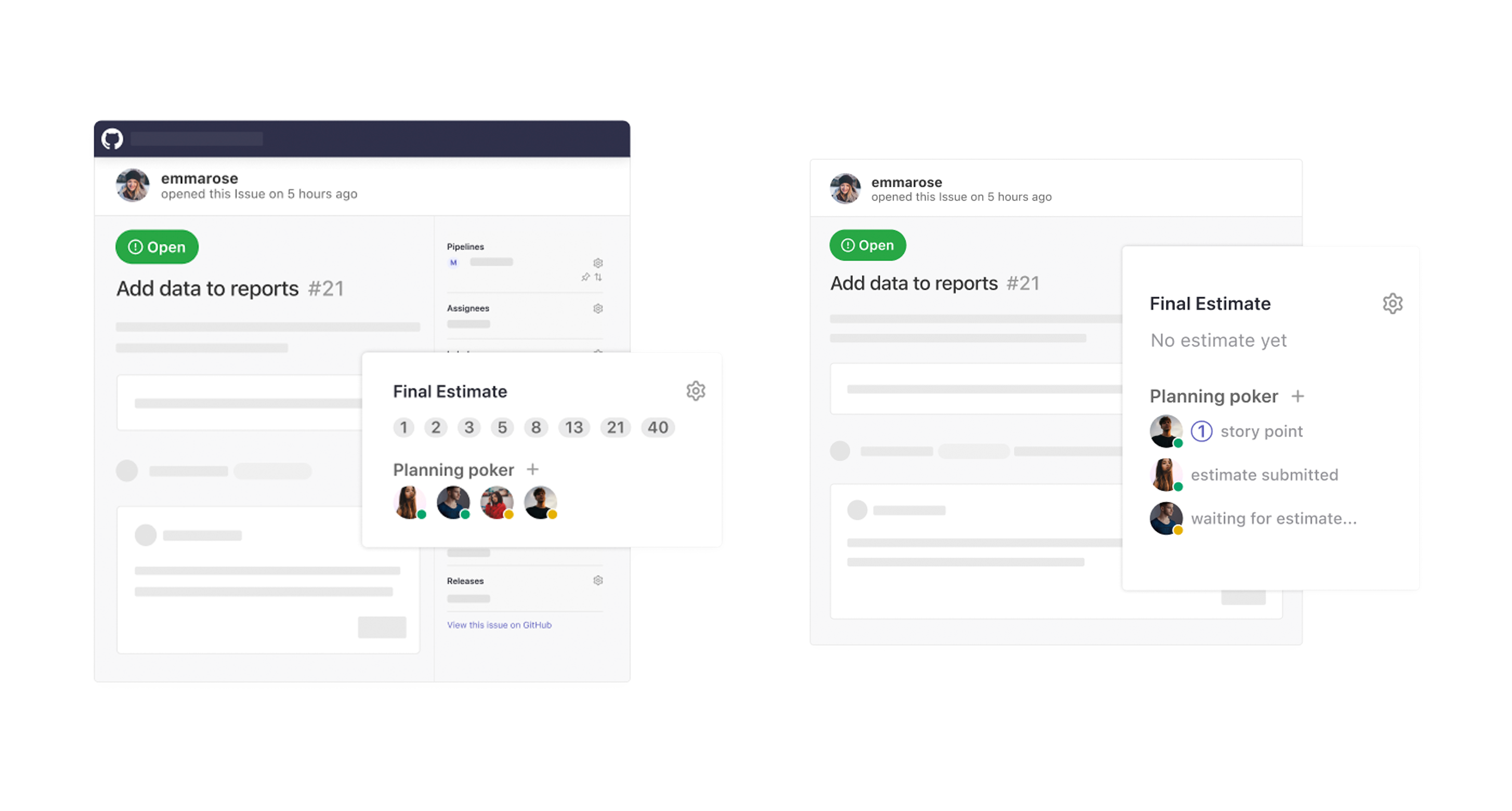 Request, provide and review story point estimates right on the issue. Reduce time spent in meetings by allowing team members to estimate on their own time right in ZenHub