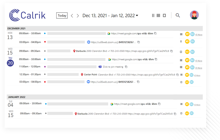 Calrik - Introducing Dashboard - Experience a comprehensive, centralized overview of your calendar and scheduled meetings, neatly organized according to your customized categories.