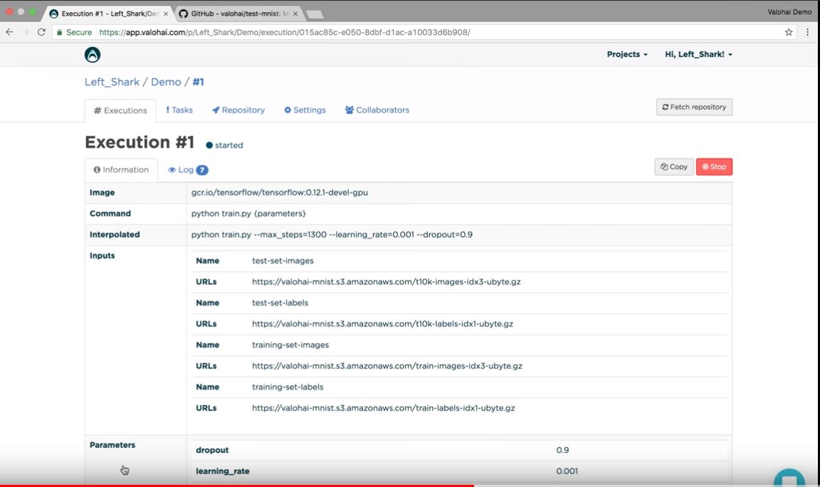 Valohai Software - The execution section allows users to manage tasks, repositories, settings and collaborators
