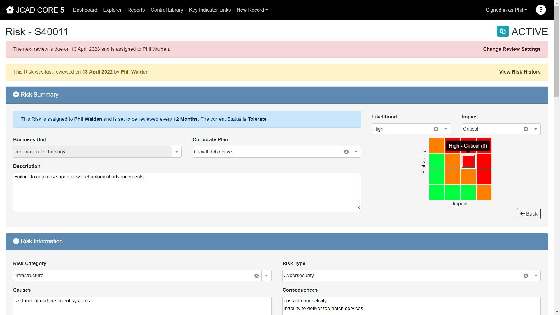 JCAD CORE Software - The risk view shows all the information relating to a risk including assessments, actions, controls and raft of other information.