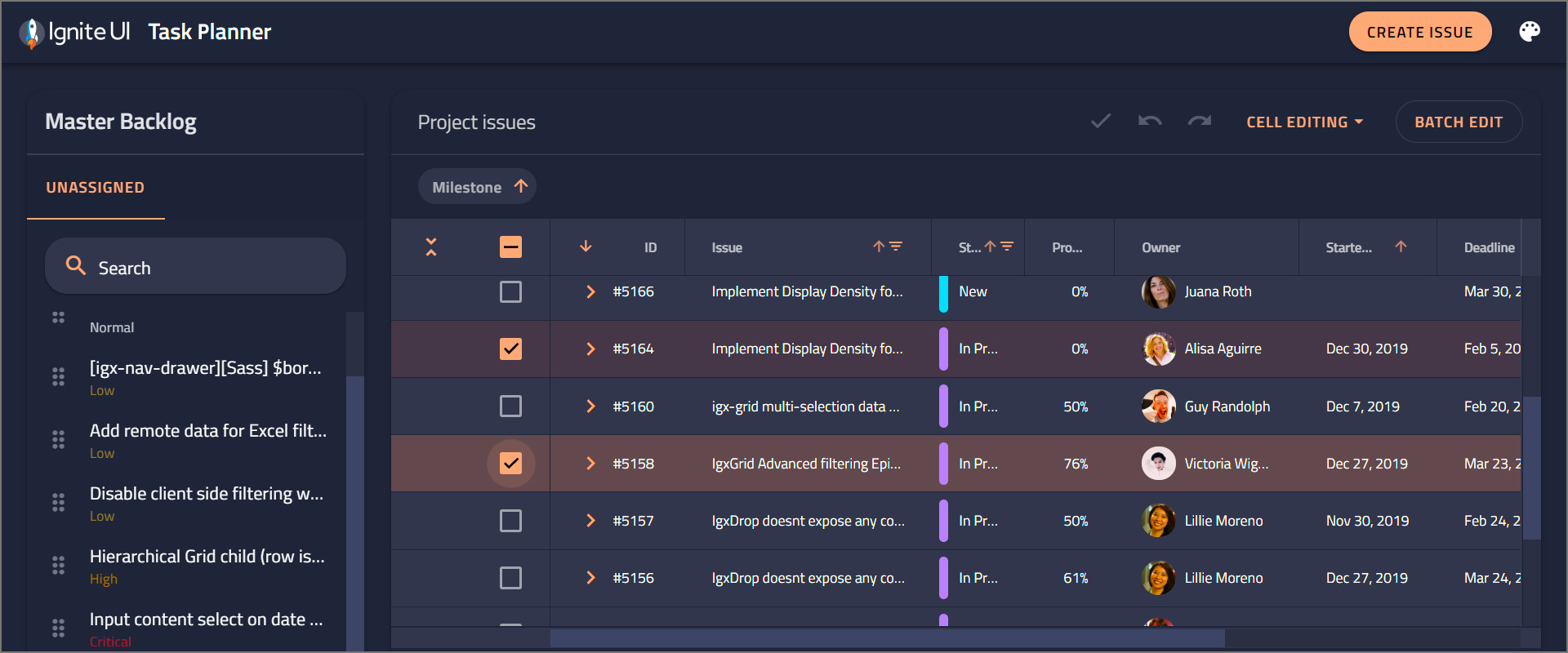 Sample Angular Web Application: It provides an effective means for managing projects and project related scenarios - filtering and sorting tasks, editing tasks, adding new tasks.