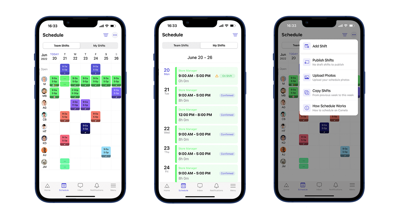 Schedule employees and publish schedules using Camelo mobile app