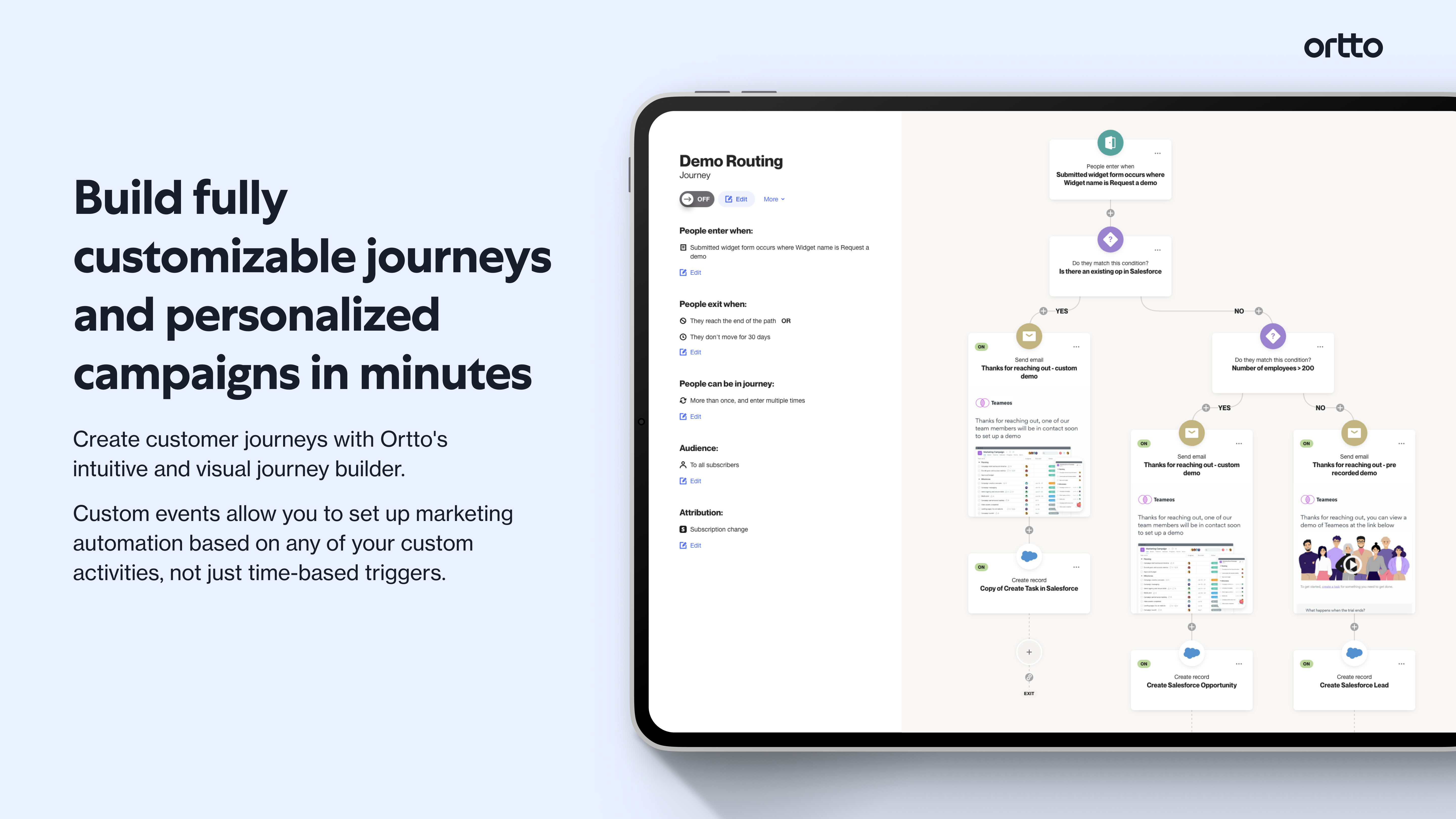 Connect with your customer on a deeper level with event-based journeys that can be built in minutes. Build high-performance journeys including email, SMS, and in-app messaging for critical customer moments.
