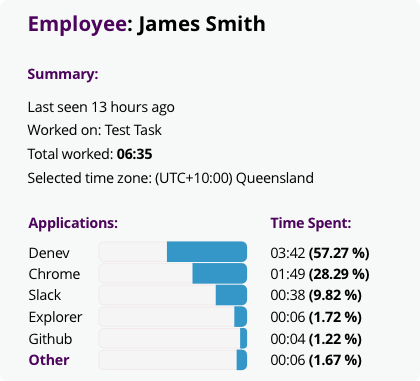 Monitask Software - View an employee’s timeline to see how much time was spent on different projects, the employee’s activity level, as well as the applications that were running and the websites visited