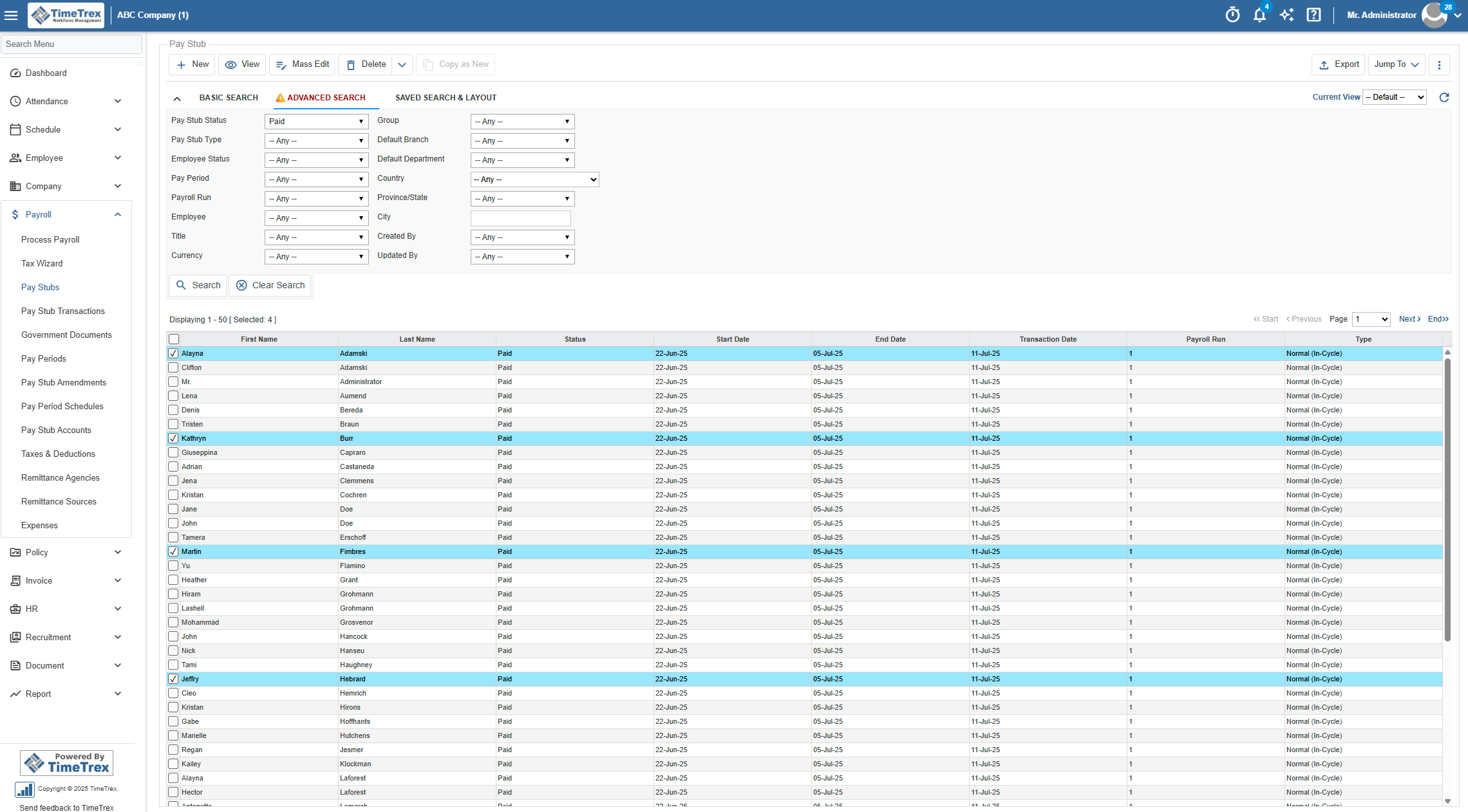 TimeTrex Software - Desktop Payroll Pay Stubs Advanced Search