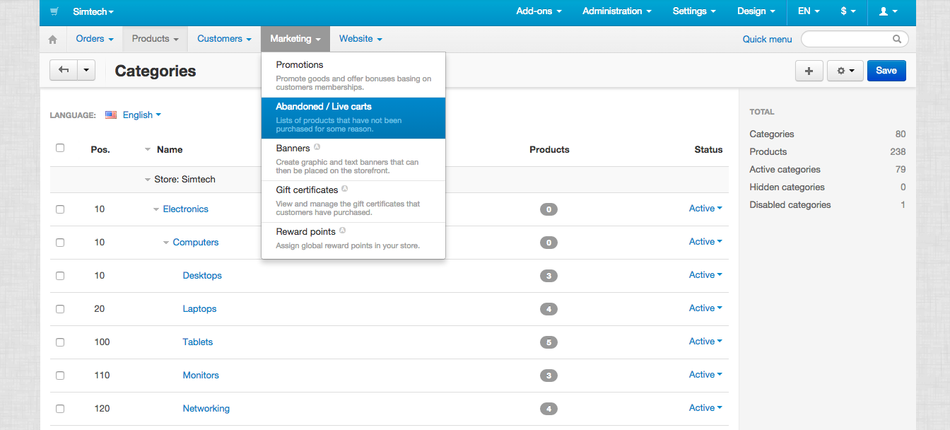 CS-Cart Software - CS-Cart admin panel user interface
