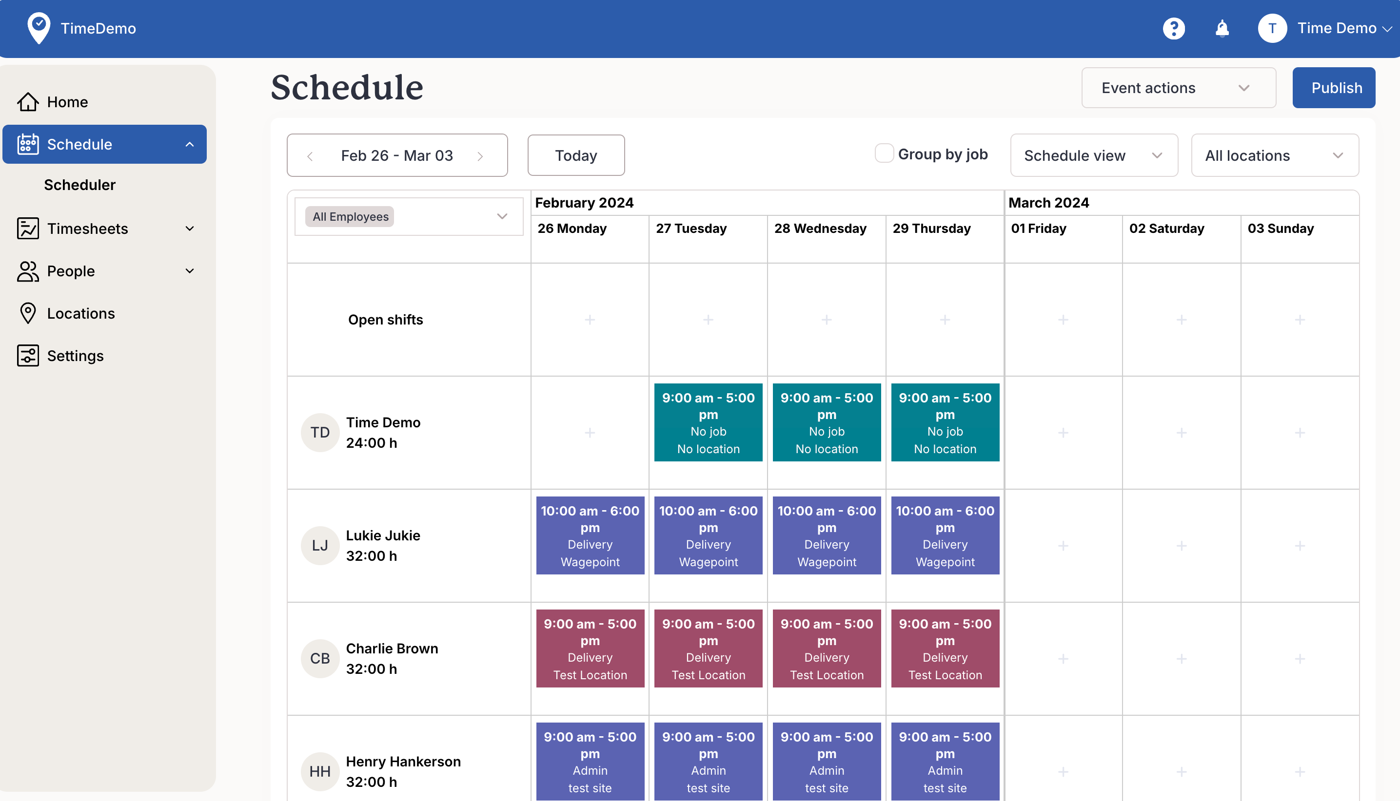Schedule employees and add open shifts from the simple, easy schedule page.