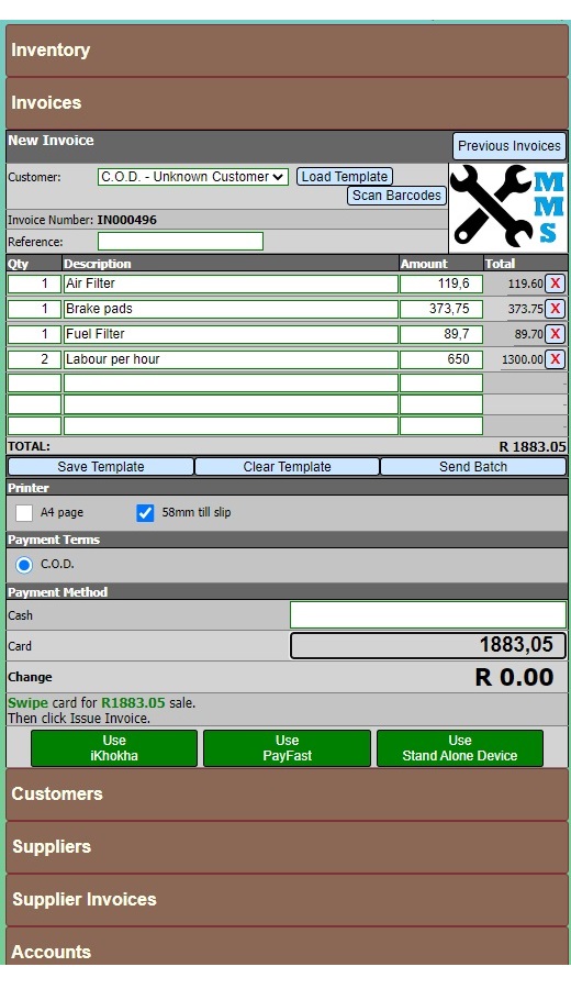 EZBeanZ screenshot: EZBeanZ new invoice 